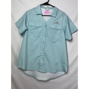 Habit Womens Large Green/White Short Sleeve Button Down Vented Fishing Shirt